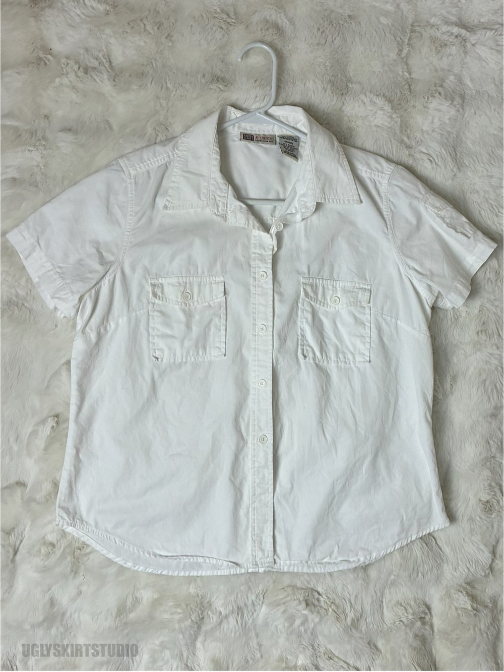 Vintage Faded Glory White Cotton Utility Button Down Short Sleeve Shirt Large